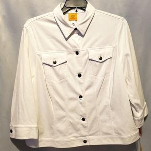 Ruby red plus size 18W white all over stretch Denim jacket.